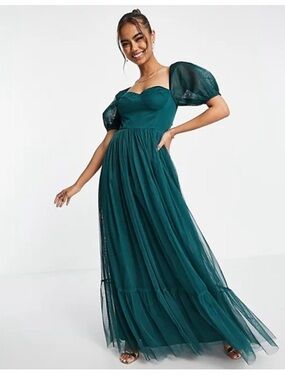 Anaya With Love Emerald Green Tulle Tiered Ruffle Bridesmaid Maxi Dress Size 4
